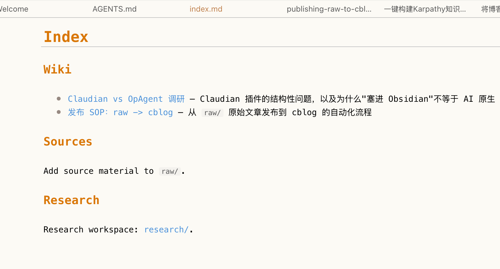 raw 目录、SOP 与 cblog 发布流程